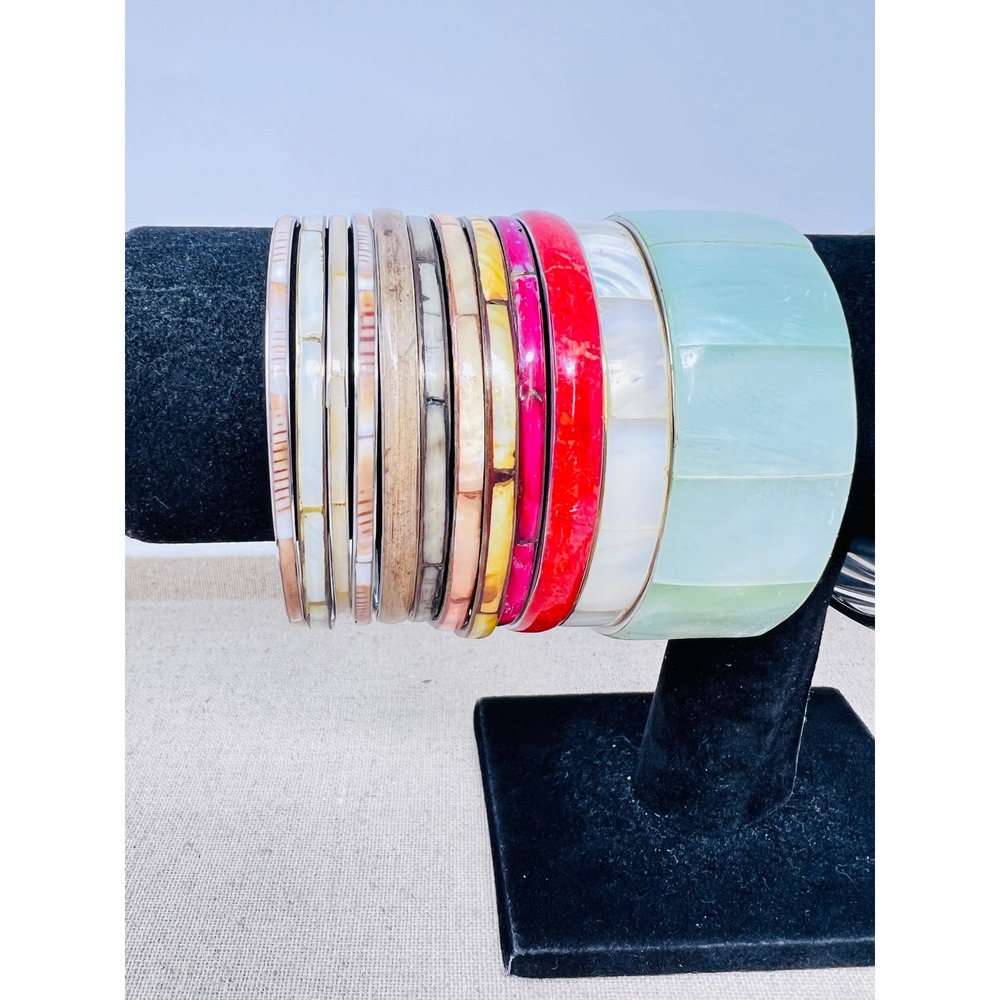 Vintage l Shell Multicolor Inlay Bangle & Cuff Bracelet Lot of 18 - Picture 3 of 16